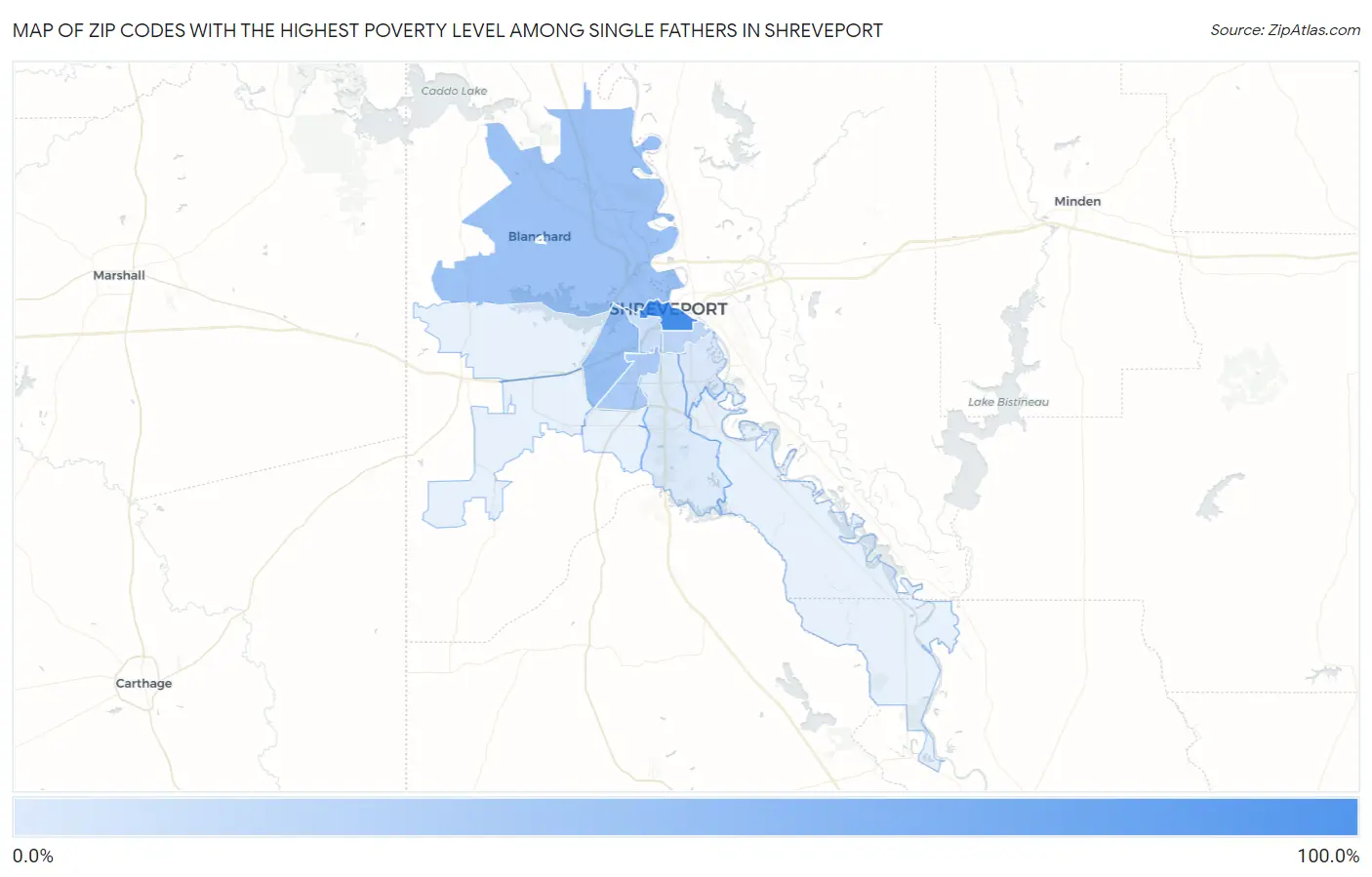 Zip Codes with the Highest Poverty Level Among Single Fathers in Shreveport Map