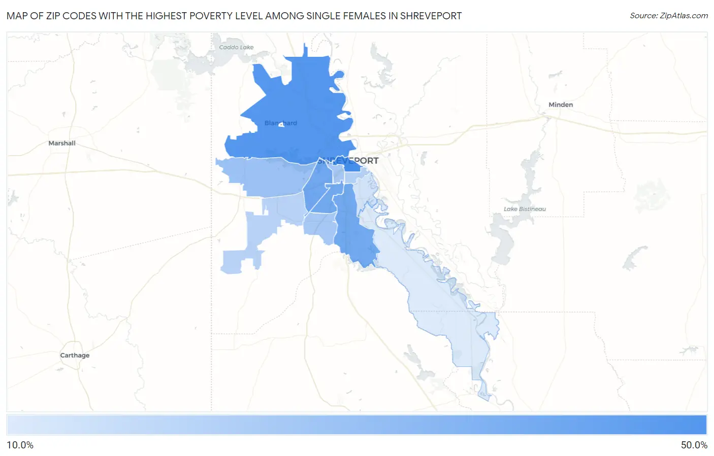 Zip Codes with the Highest Poverty Level Among Single Females in Shreveport Map