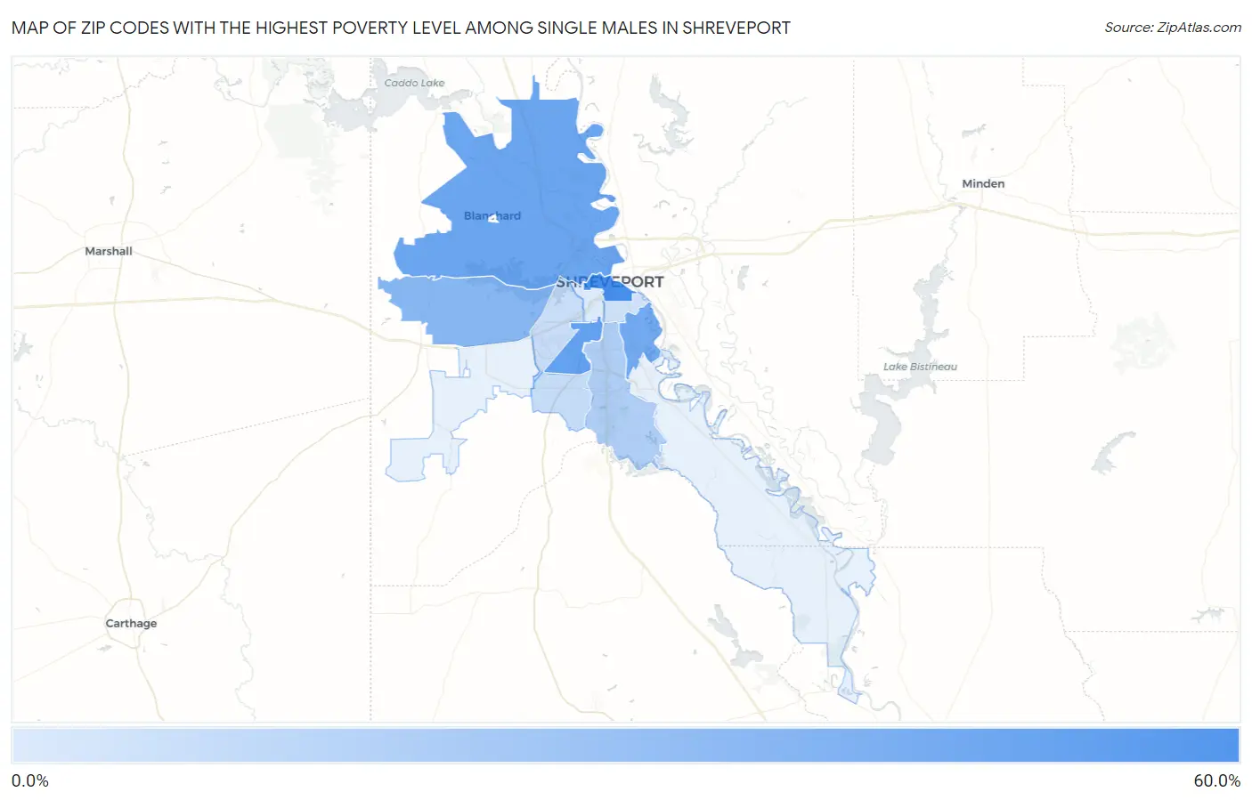 Zip Codes with the Highest Poverty Level Among Single Males in Shreveport Map
