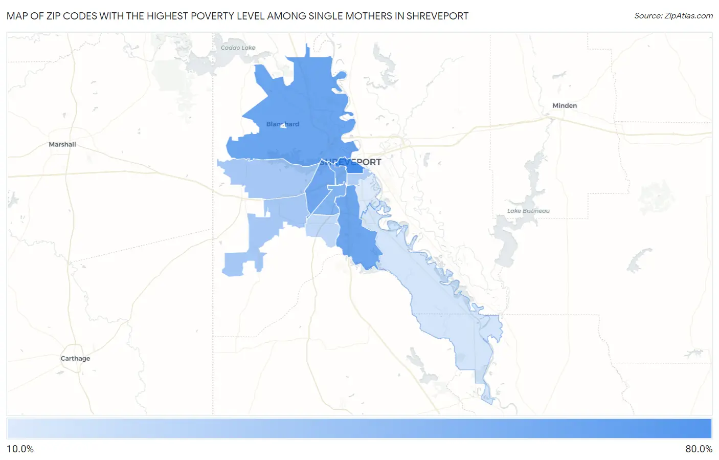 Zip Codes with the Highest Poverty Level Among Single Mothers in Shreveport Map