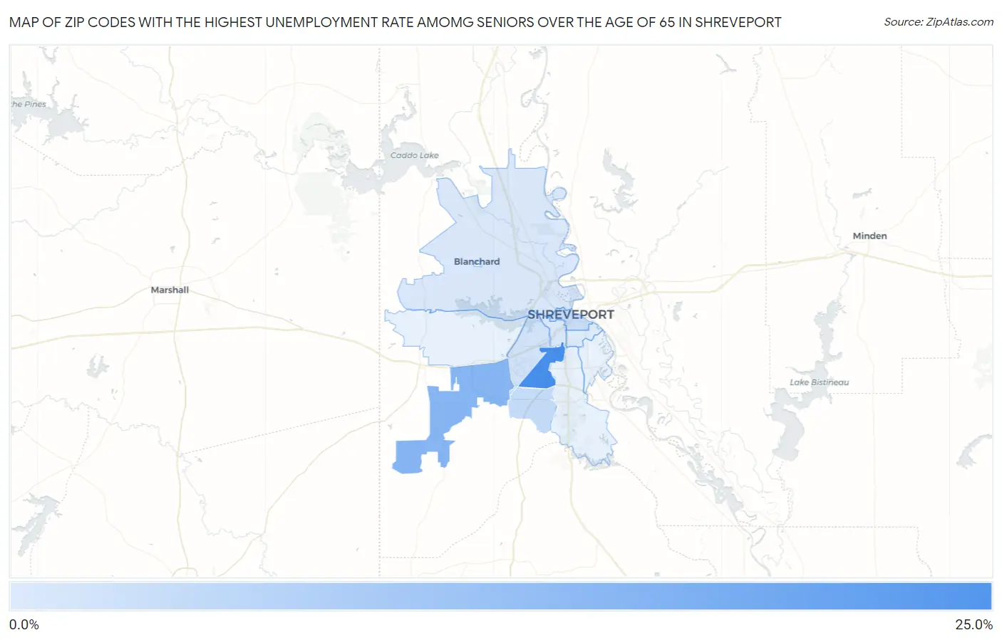 Zip Codes with the Highest Unemployment Rate Amomg Seniors Over the Age of 65 in Shreveport Map