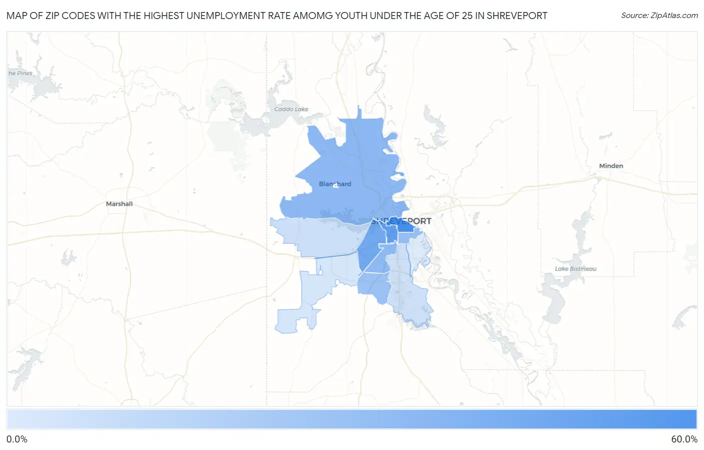 Zip Codes with the Highest Unemployment Rate Amomg Youth Under the Age of 25 in Shreveport Map