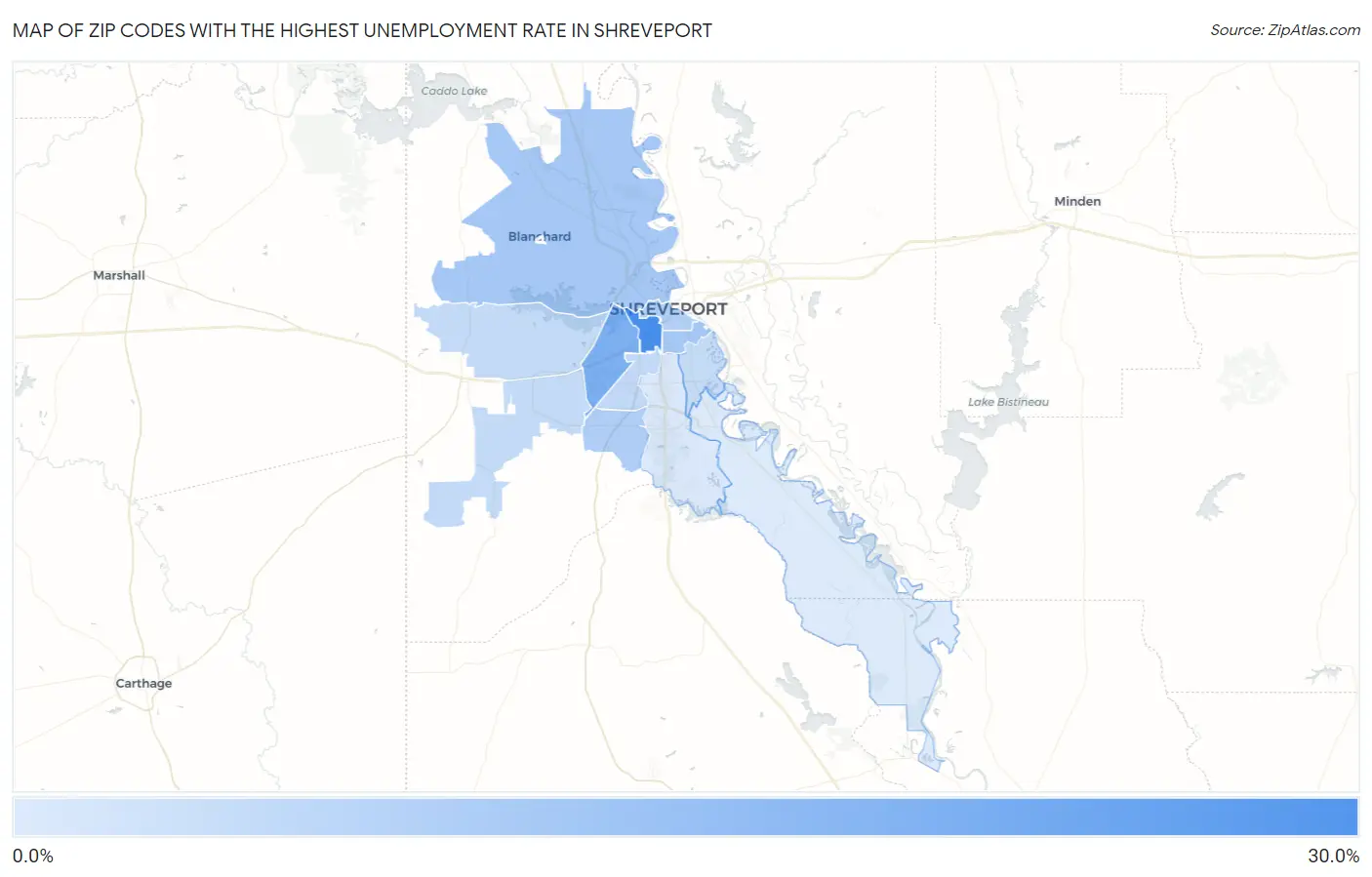 Zip Codes with the Highest Unemployment Rate in Shreveport Map