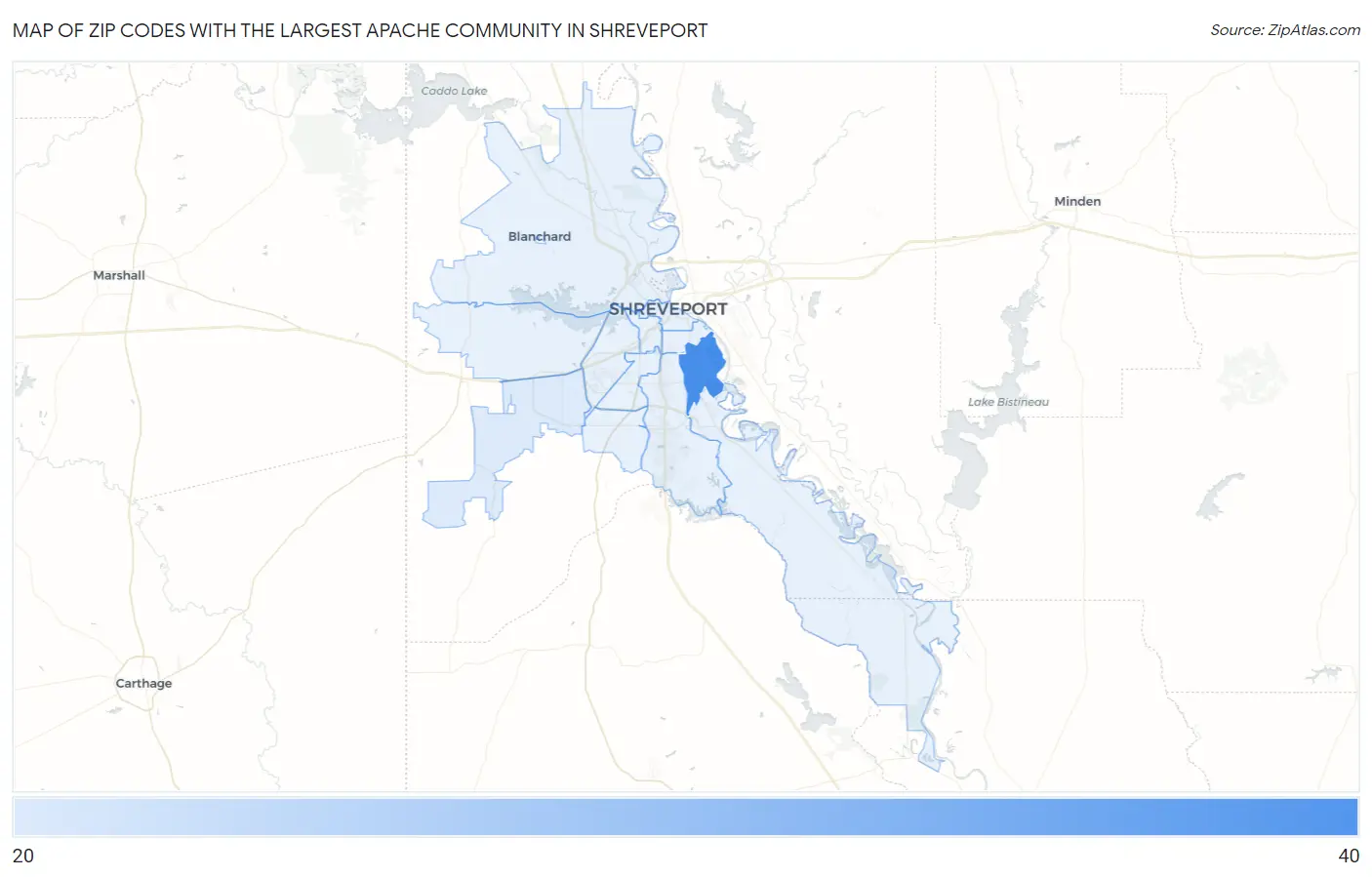 Zip Codes with the Largest Apache Community in Shreveport Map