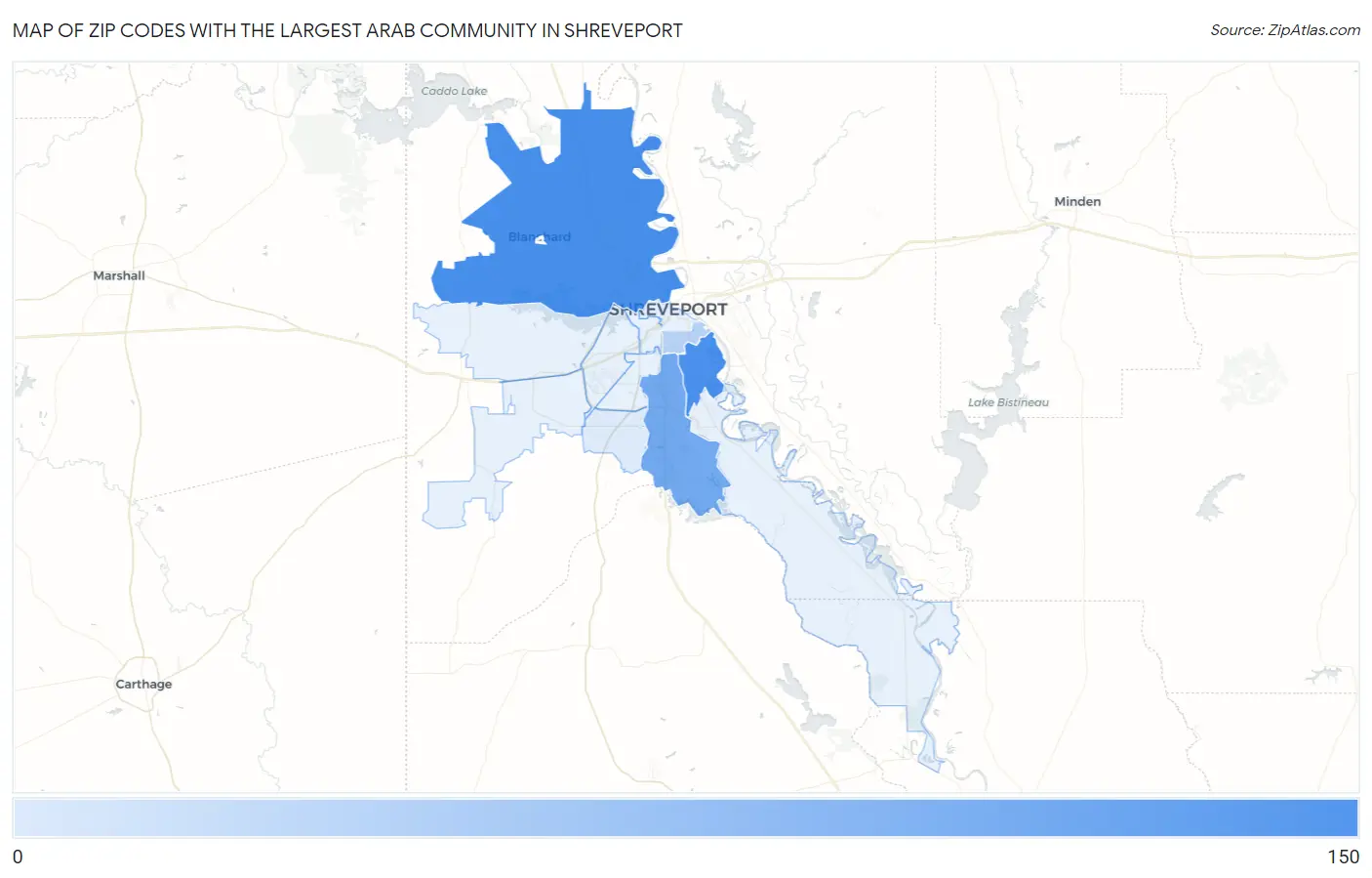 Zip Codes with the Largest Arab Community in Shreveport Map