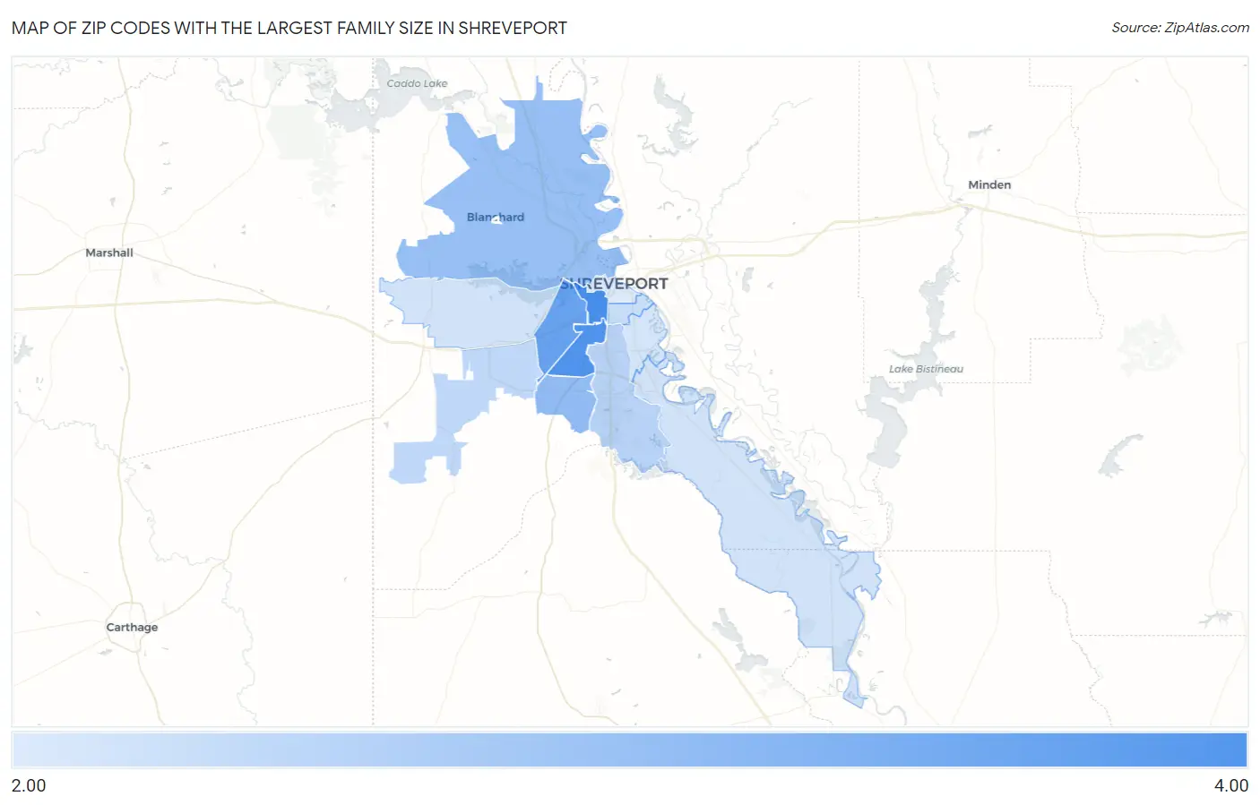 Zip Codes with the Largest Family Size in Shreveport Map