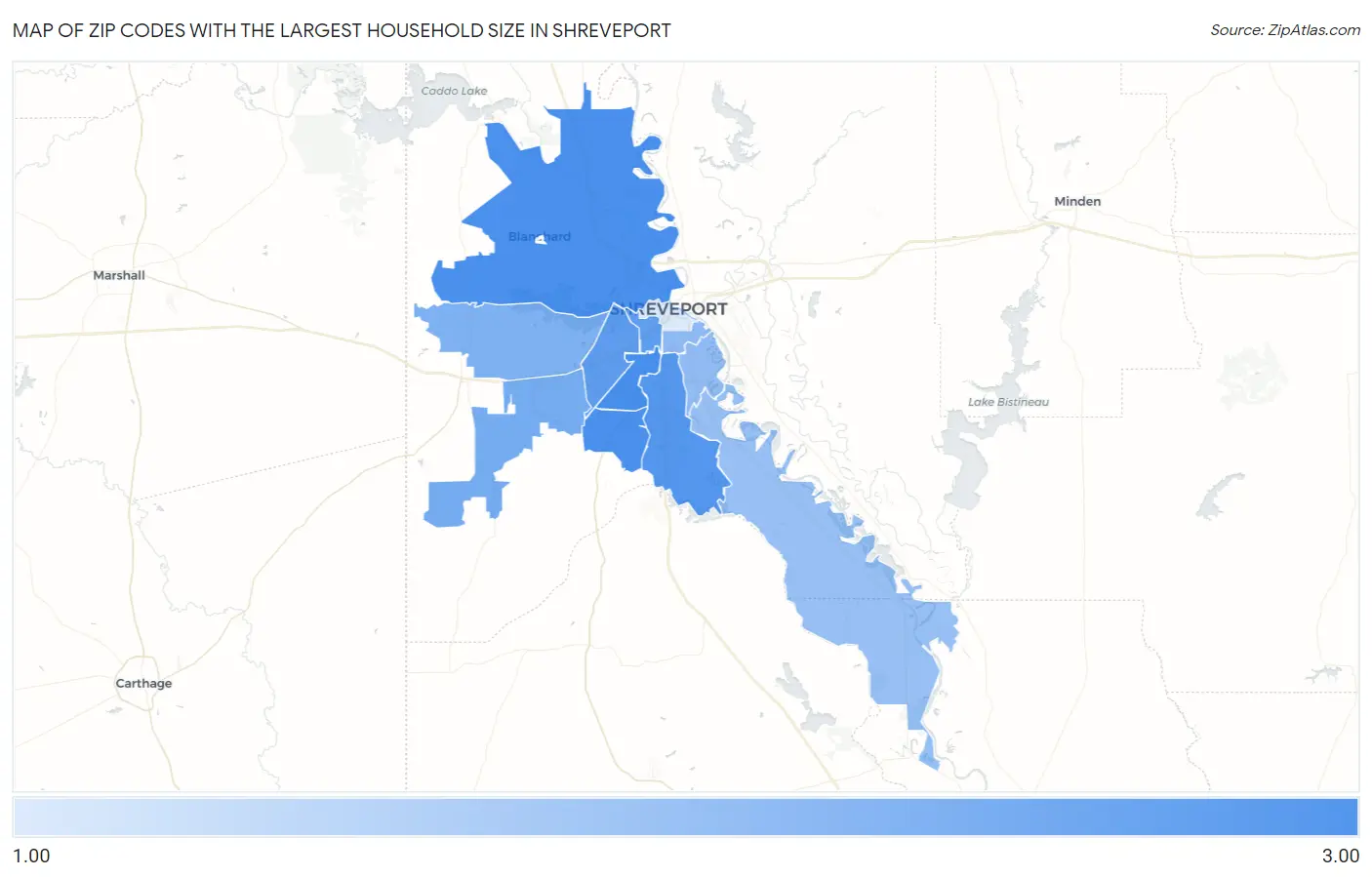 Zip Codes with the Largest Household Size in Shreveport Map