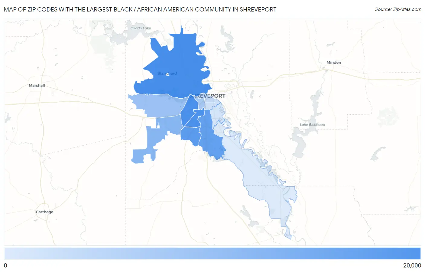 Zip Codes with the Largest Black / African American Community in Shreveport Map