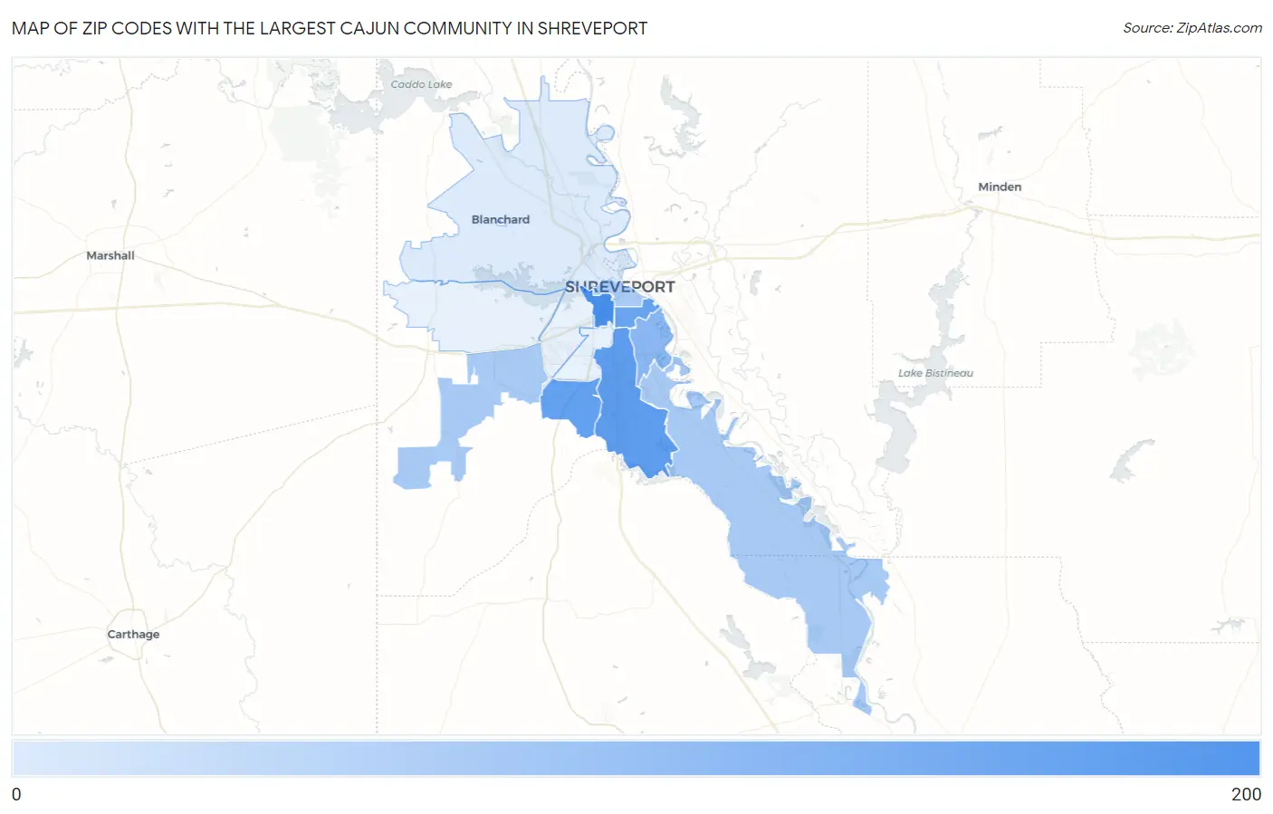 Zip Codes with the Largest Cajun Community in Shreveport Map