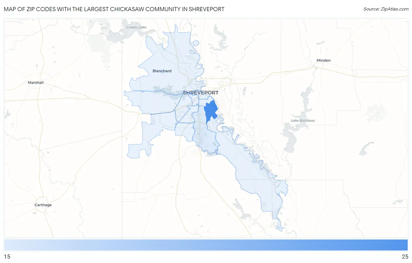 Zip Codes with the Largest Chickasaw Community in Shreveport Map