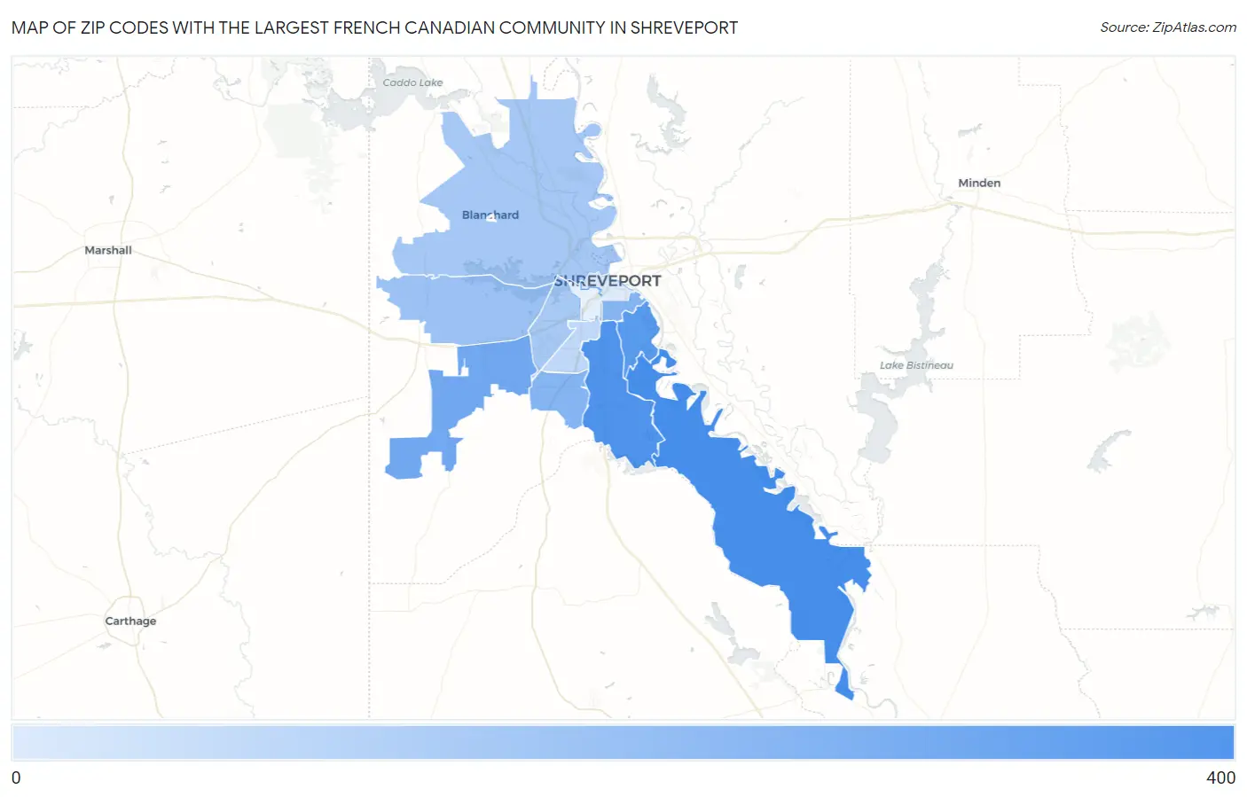 Zip Codes with the Largest French Canadian Community in Shreveport Map