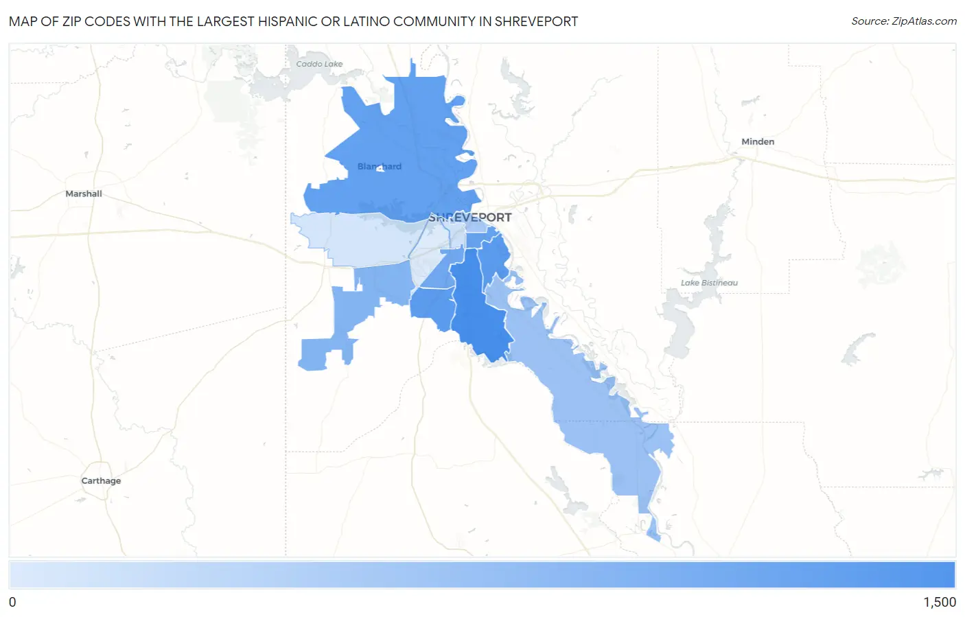 Zip Codes with the Largest Hispanic or Latino Community in Shreveport Map