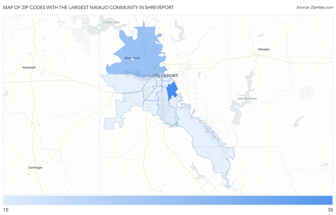Zip Codes with the Largest Navajo Community in Shreveport Map