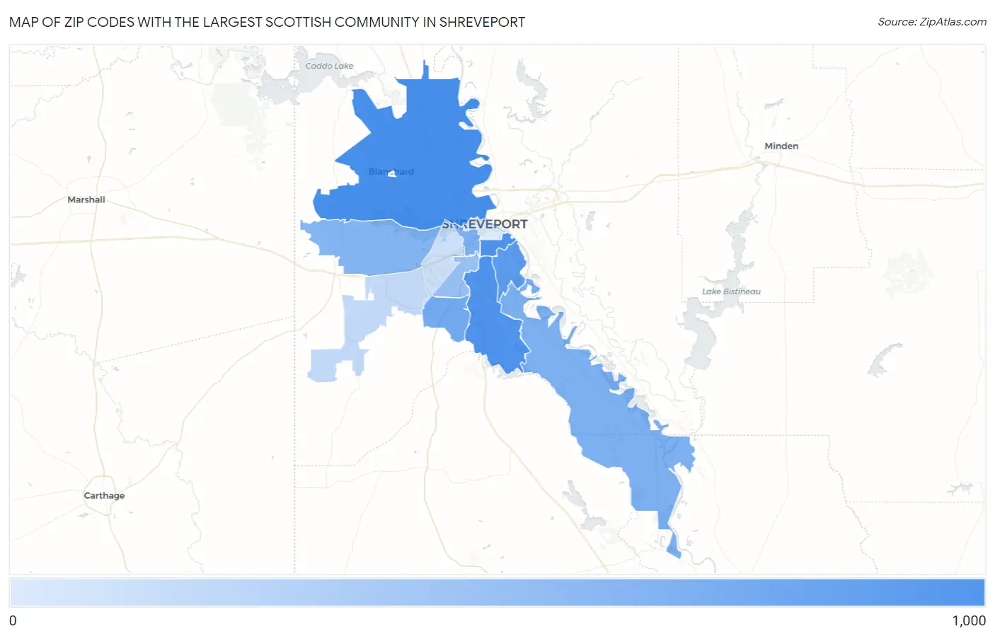 Zip Codes with the Largest Scottish Community in Shreveport Map
