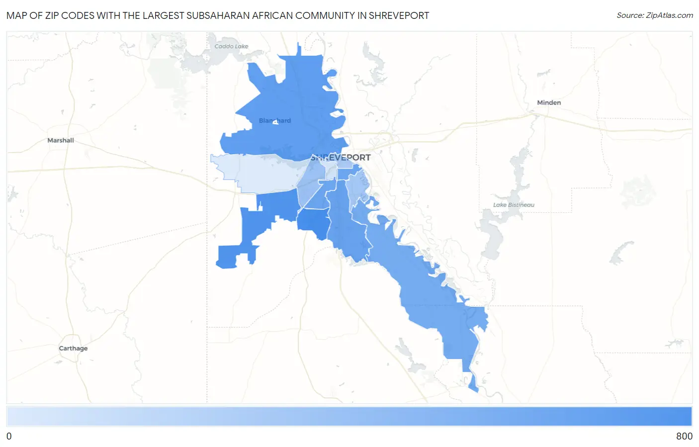 Zip Codes with the Largest Subsaharan African Community in Shreveport Map