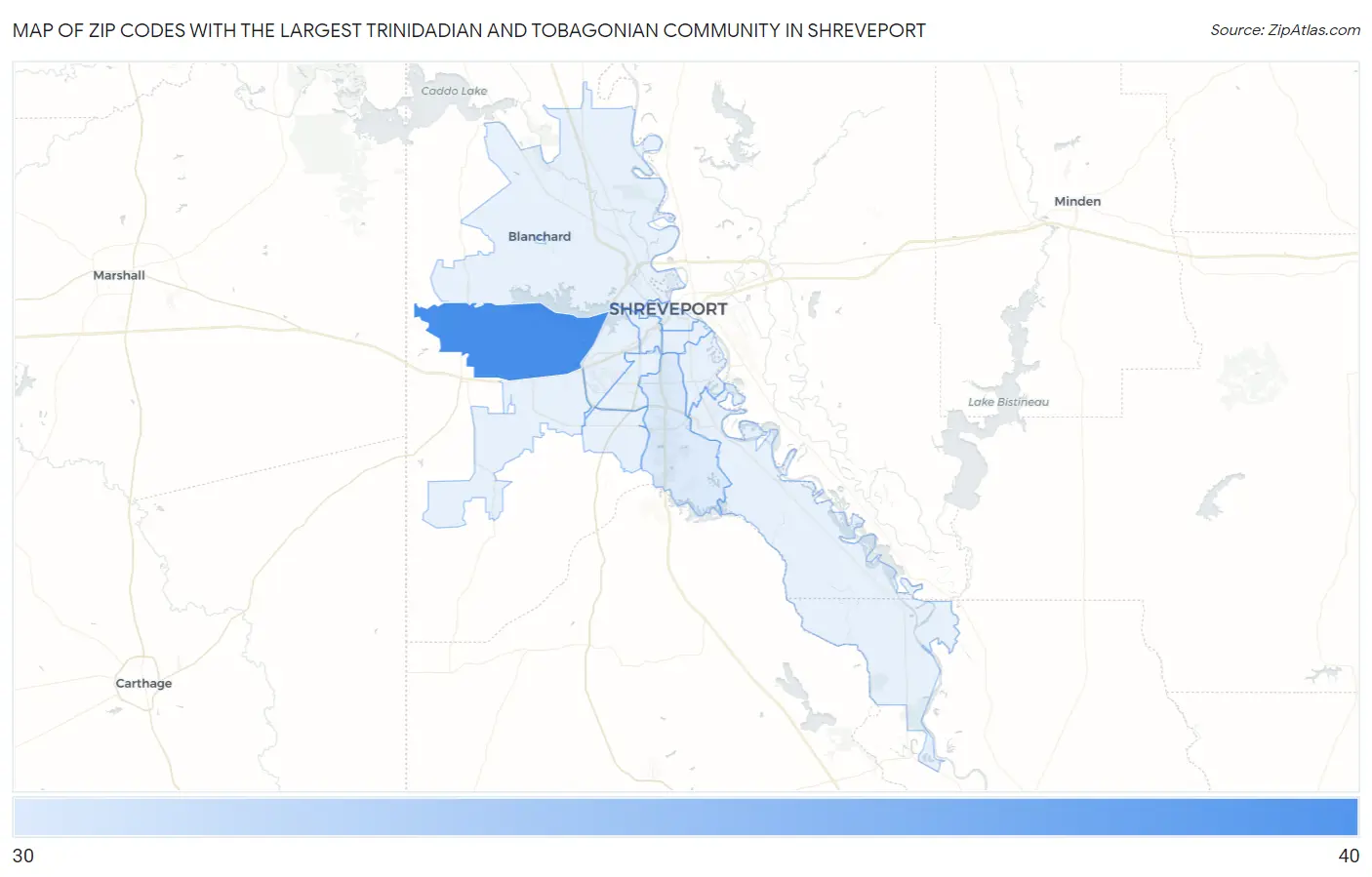 Zip Codes with the Largest Trinidadian and Tobagonian Community in Shreveport Map