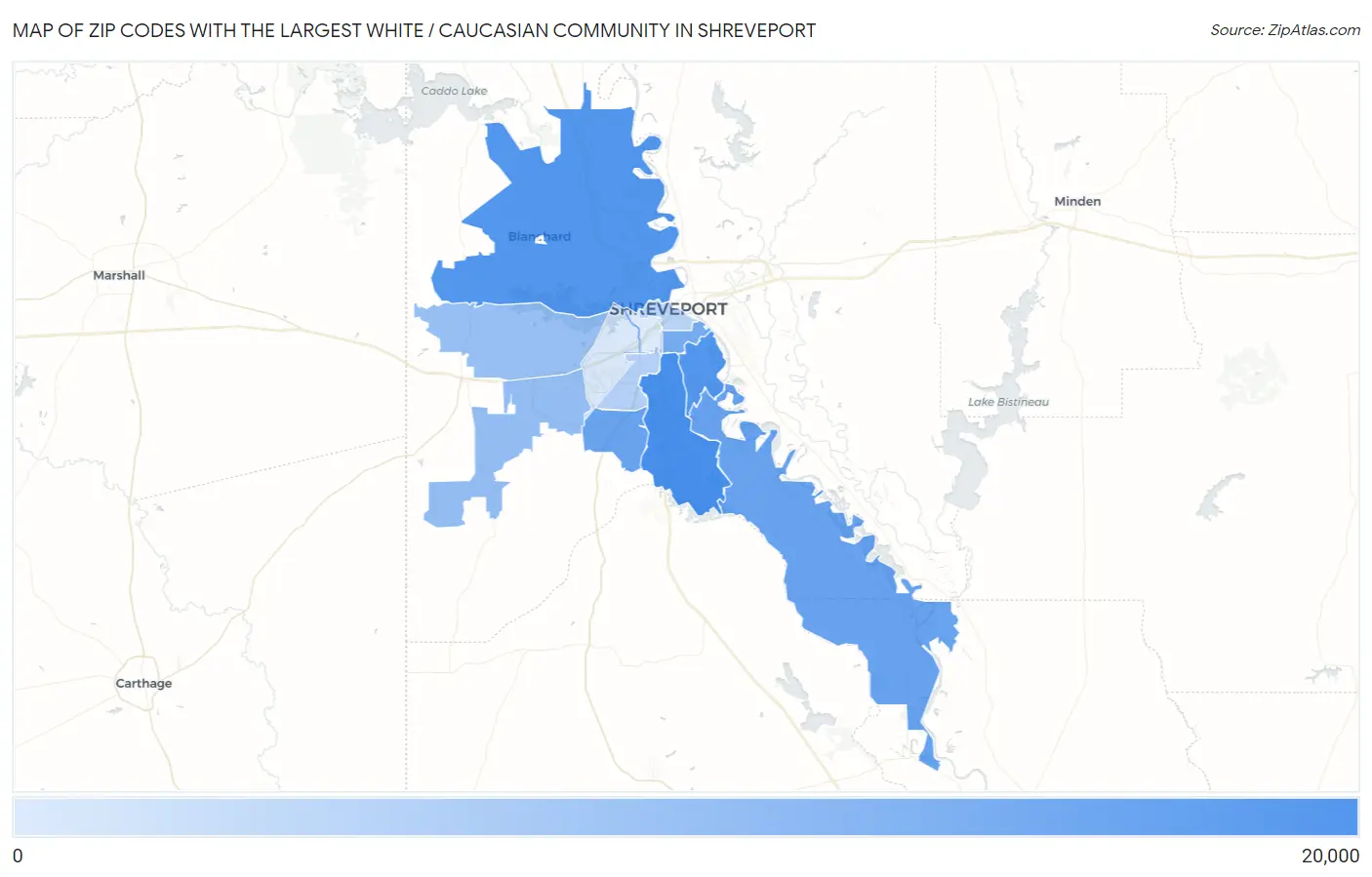 Zip Codes with the Largest White / Caucasian Community in Shreveport Map