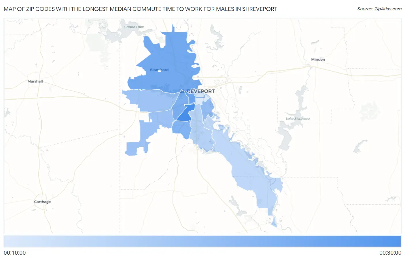Zip Codes with the Longest Median Commute Time to Work for Males in Shreveport Map