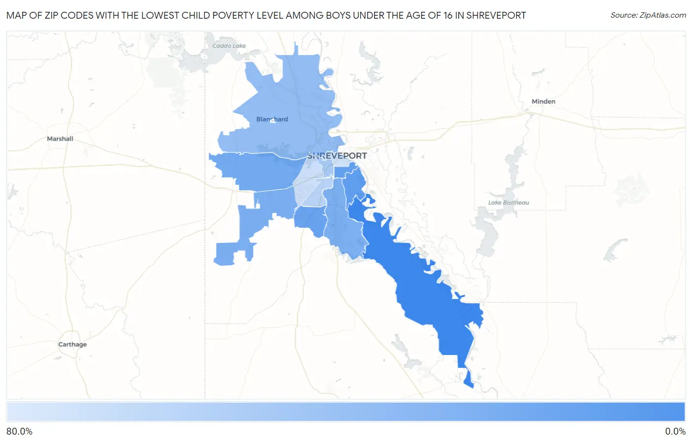 Zip Codes with the Lowest Child Poverty Level Among Boys Under the Age of 16 in Shreveport Map