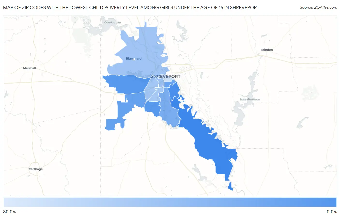 Zip Codes with the Lowest Child Poverty Level Among Girls Under the Age of 16 in Shreveport Map