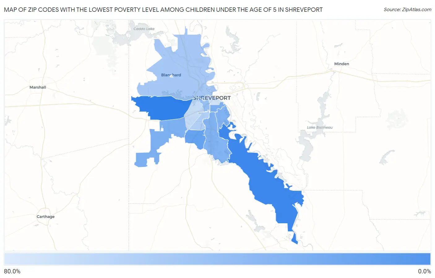 Zip Codes with the Lowest Poverty Level Among Children Under the Age of 5 in Shreveport Map