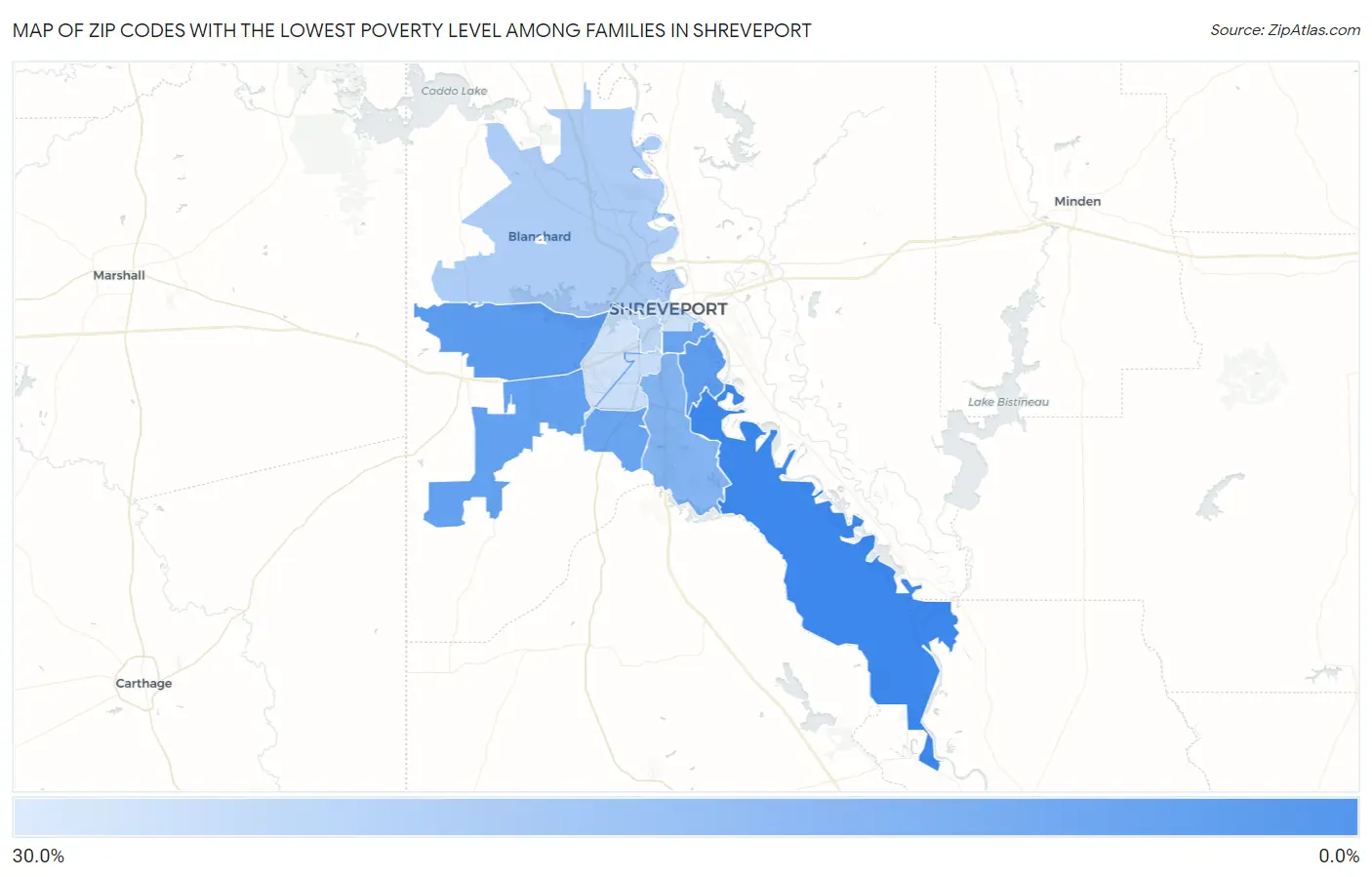 Zip Codes with the Lowest Poverty Level Among Families in Shreveport Map