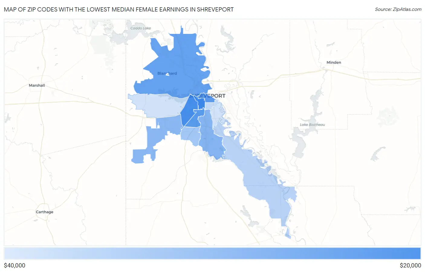 Zip Codes with the Lowest Median Female Earnings in Shreveport Map