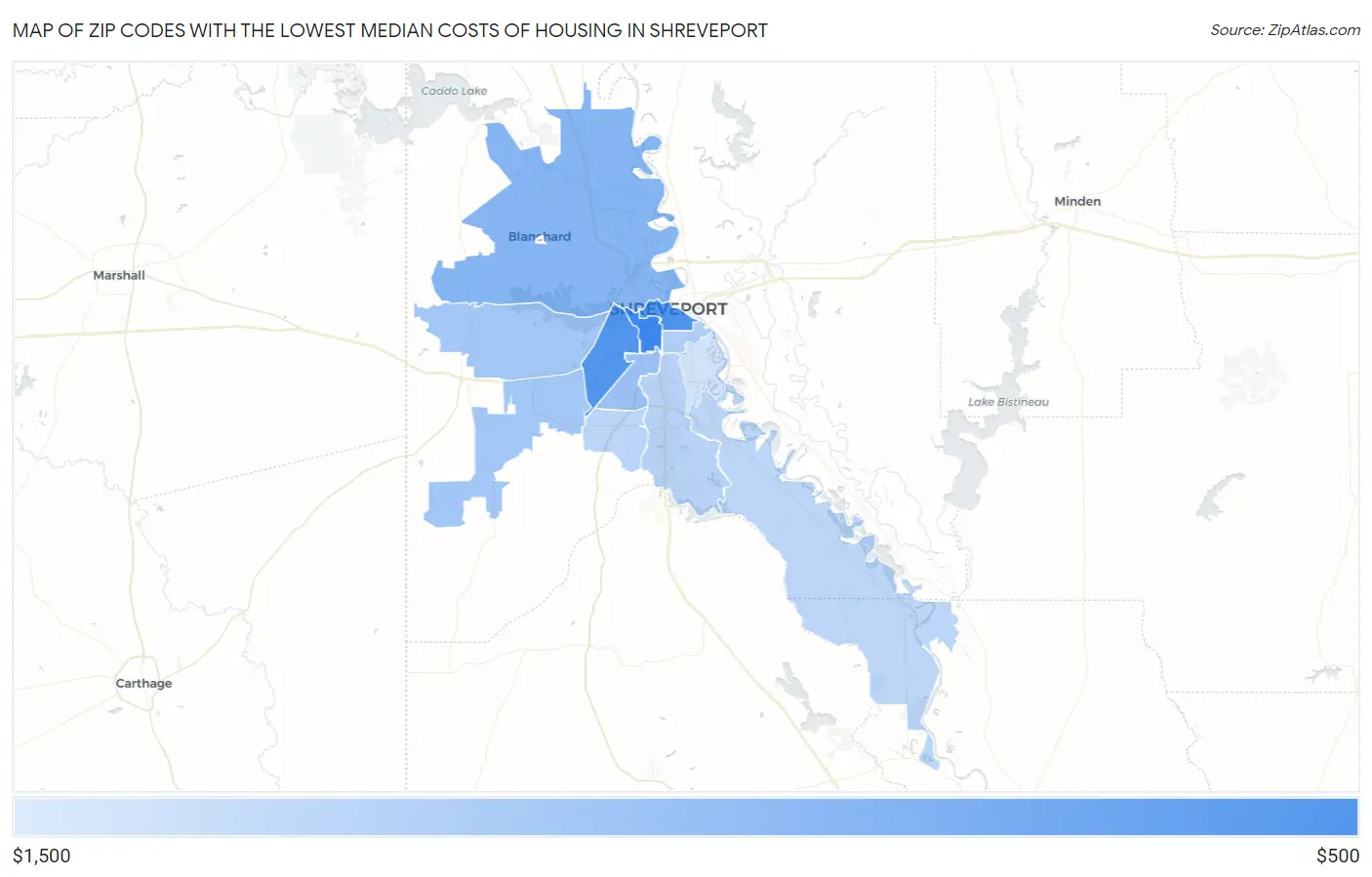 Zip Codes with the Lowest Median Costs of Housing in Shreveport Map