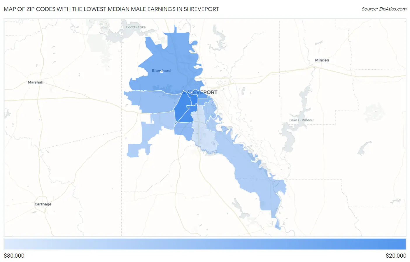 Zip Codes with the Lowest Median Male Earnings in Shreveport Map