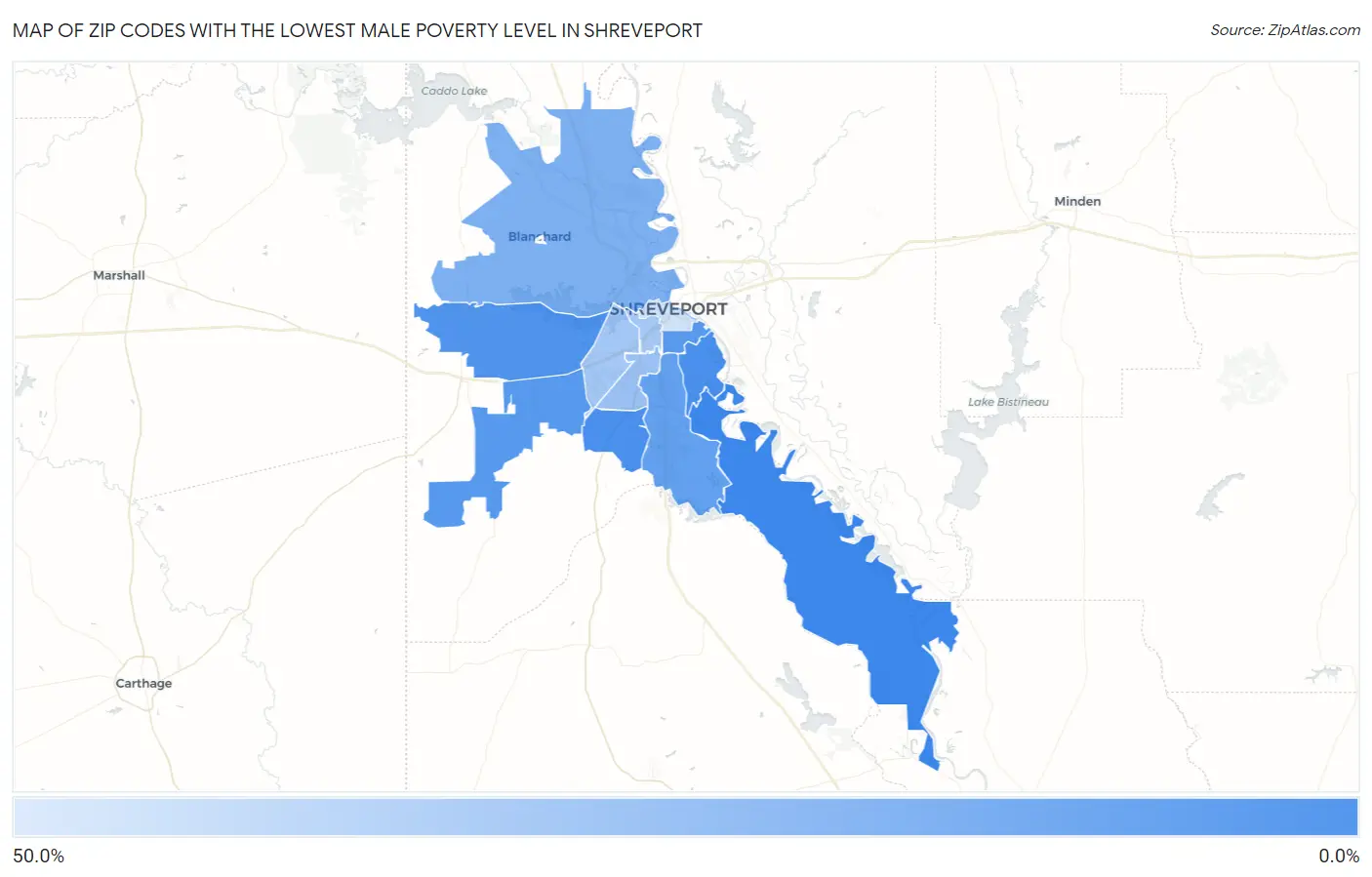 Zip Codes with the Lowest Male Poverty Level in Shreveport Map