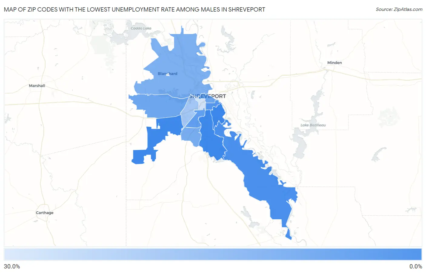 Zip Codes with the Lowest Unemployment Rate Among Males in Shreveport Map
