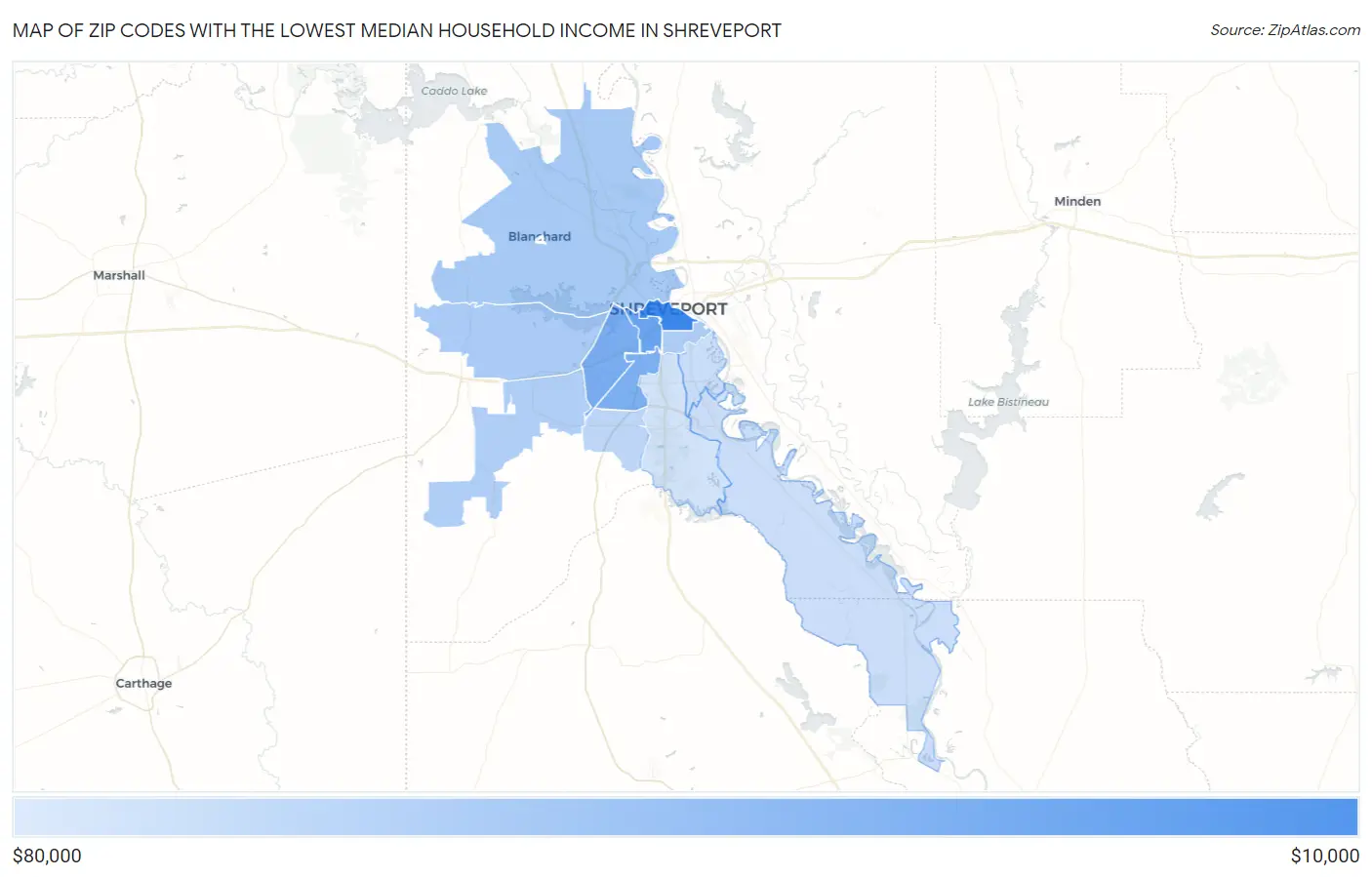 Zip Codes with the Lowest Median Household Income in Shreveport Map