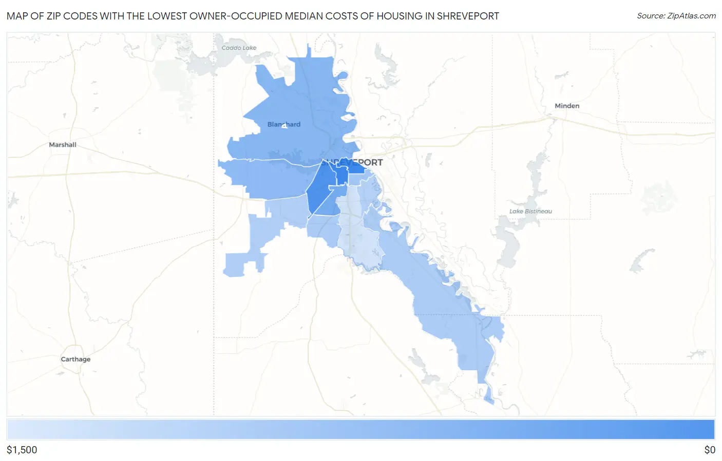 Zip Codes with the Lowest Owner-Occupied Median Costs of Housing in Shreveport Map