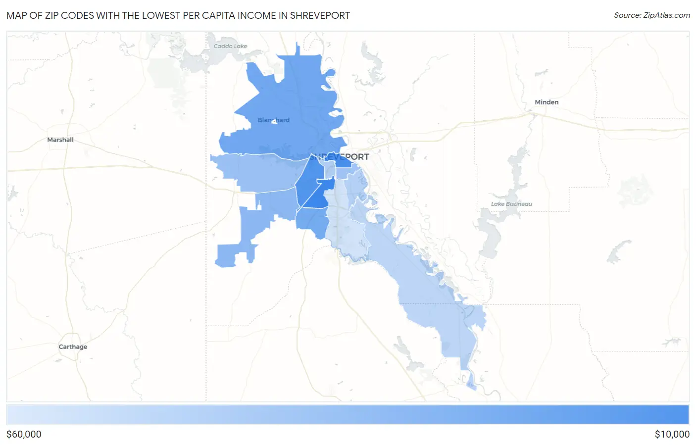 Zip Codes with the Lowest Per Capita Income in Shreveport Map