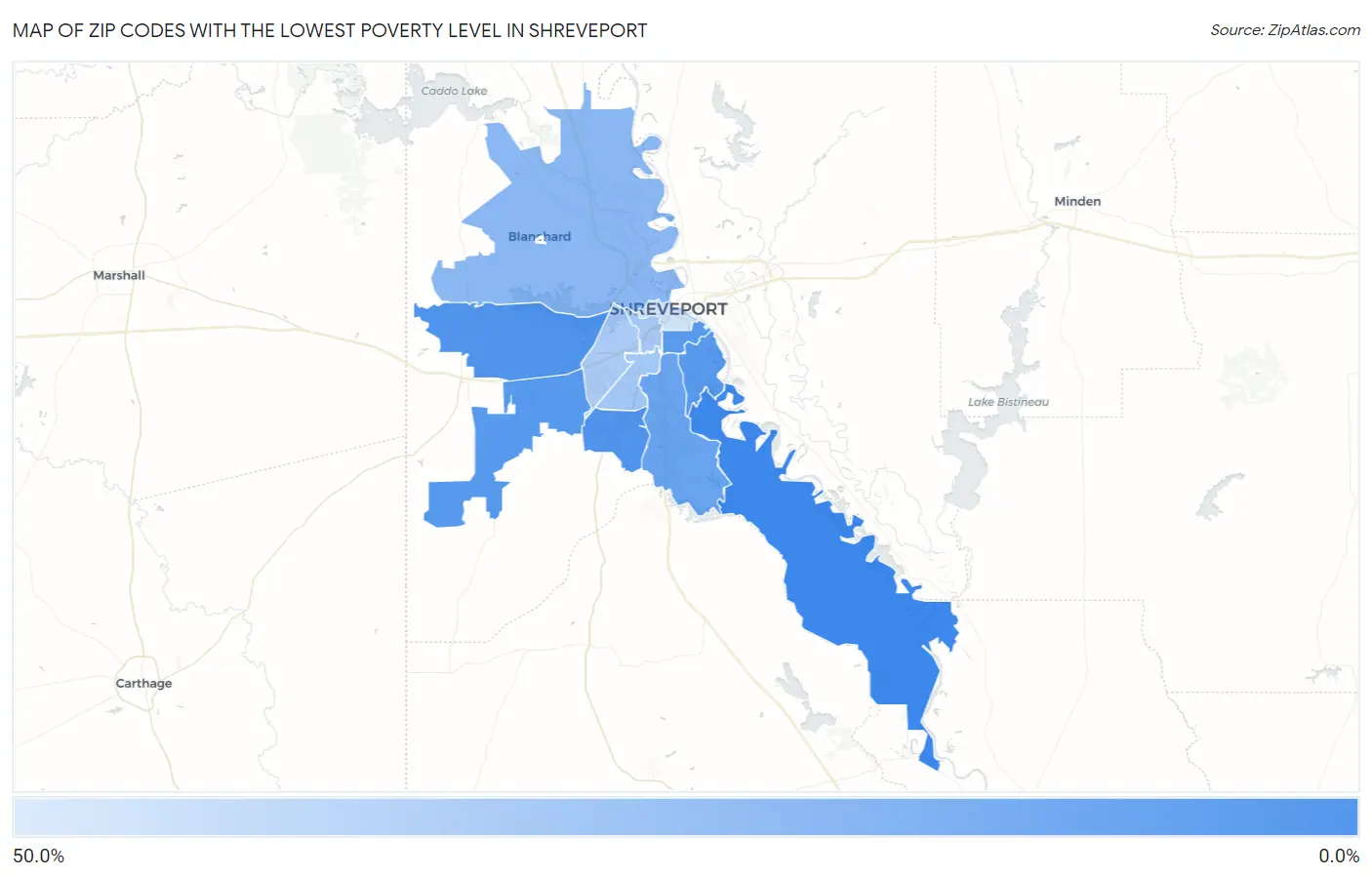 Zip Codes with the Lowest Poverty Level in Shreveport Map