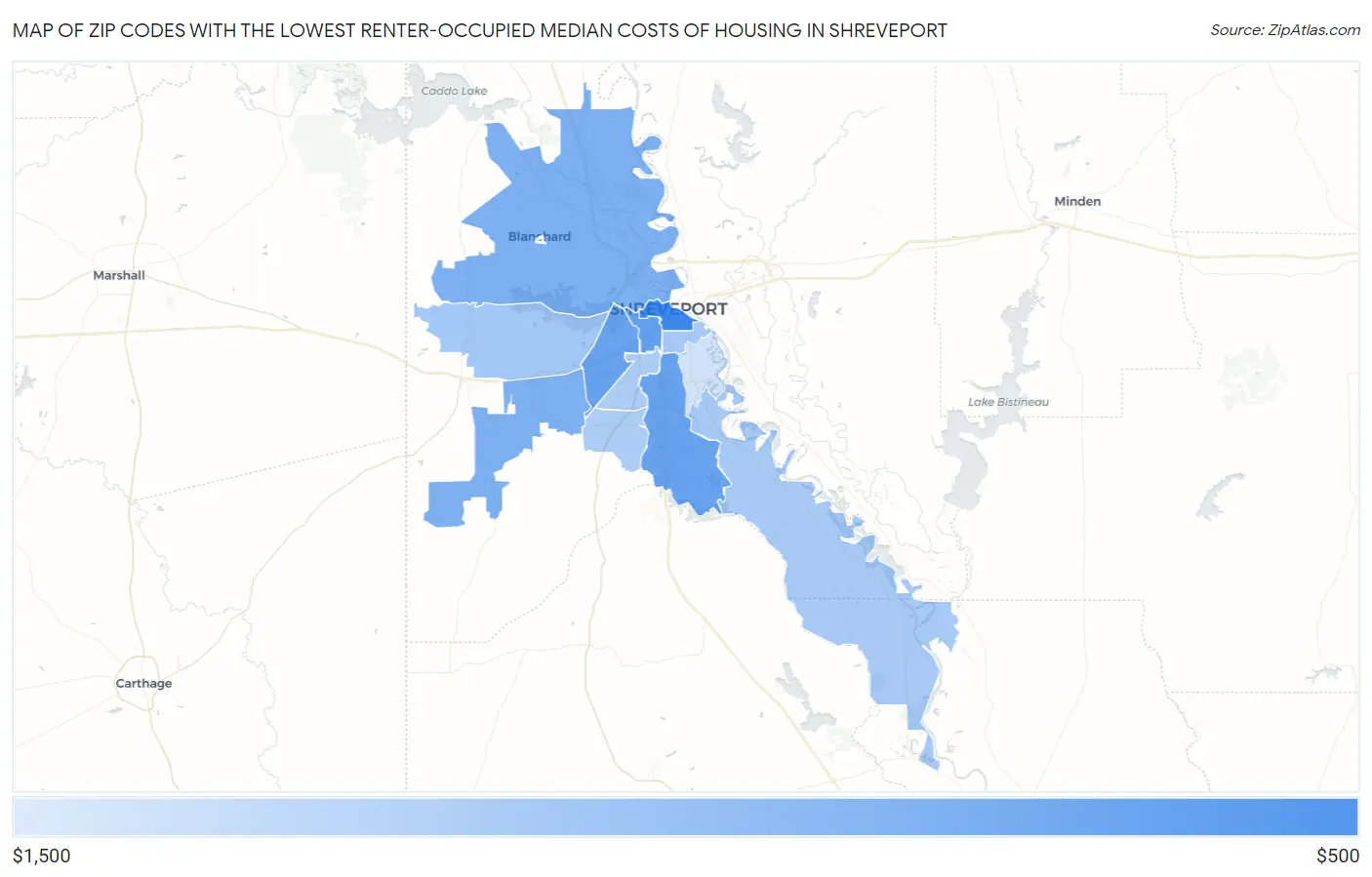 Zip Codes with the Lowest Renter-Occupied Median Costs of Housing in Shreveport Map