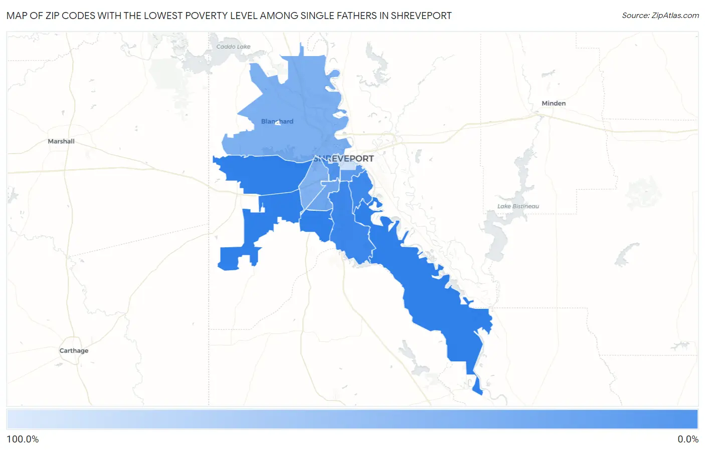 Zip Codes with the Lowest Poverty Level Among Single Fathers in Shreveport Map