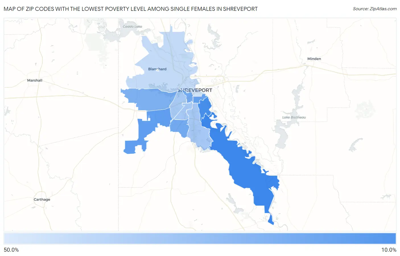 Zip Codes with the Lowest Poverty Level Among Single Females in Shreveport Map