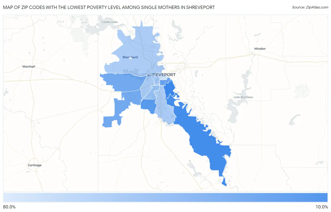 Zip Codes with the Lowest Poverty Level Among Single Mothers in Shreveport Map
