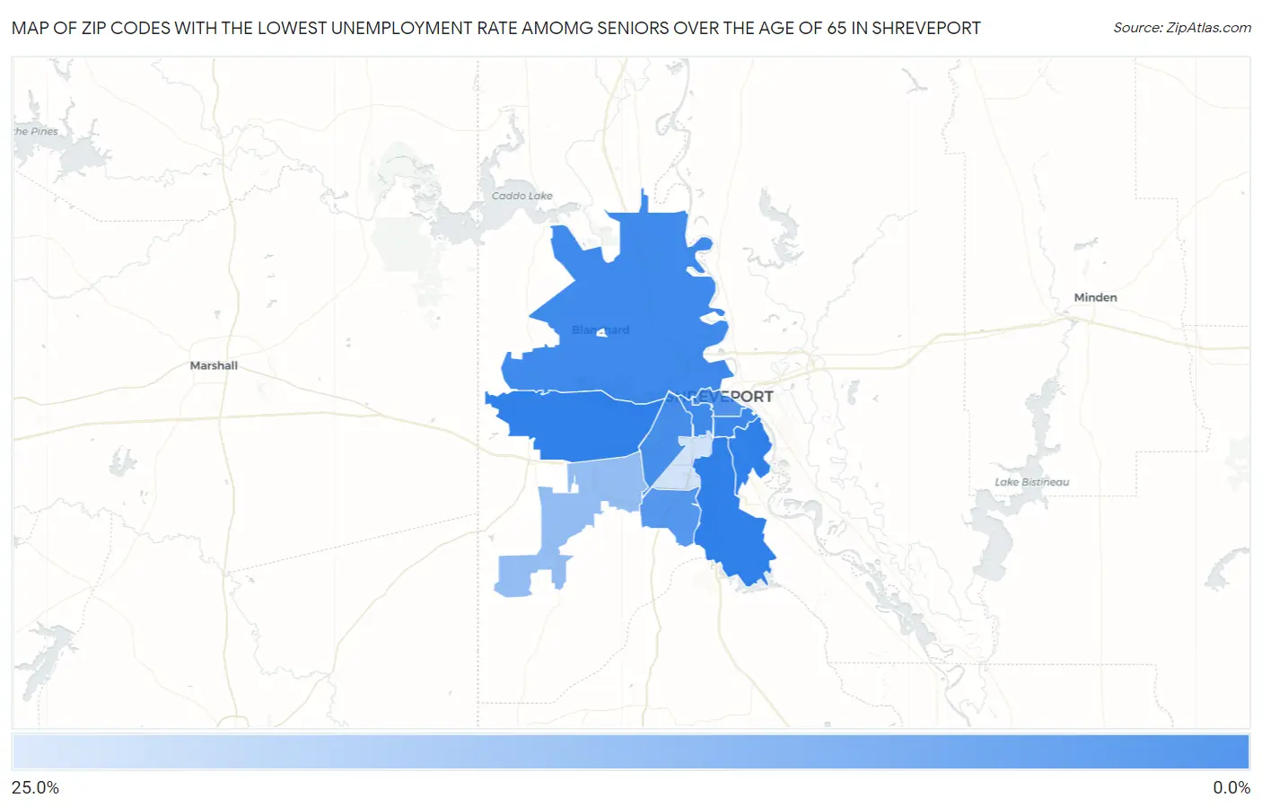 Zip Codes with the Lowest Unemployment Rate Amomg Seniors Over the Age of 65 in Shreveport Map