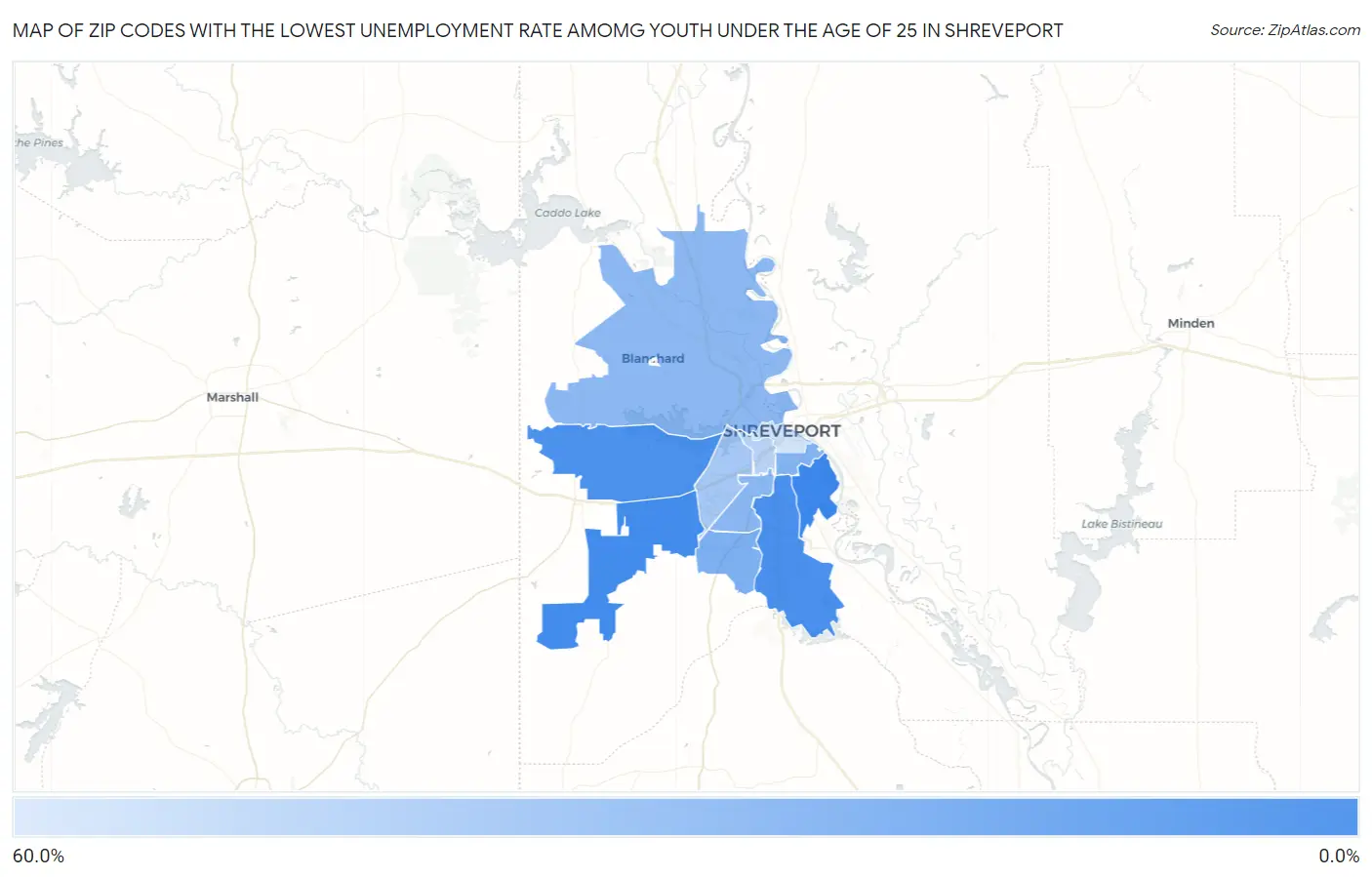 Zip Codes with the Lowest Unemployment Rate Amomg Youth Under the Age of 25 in Shreveport Map