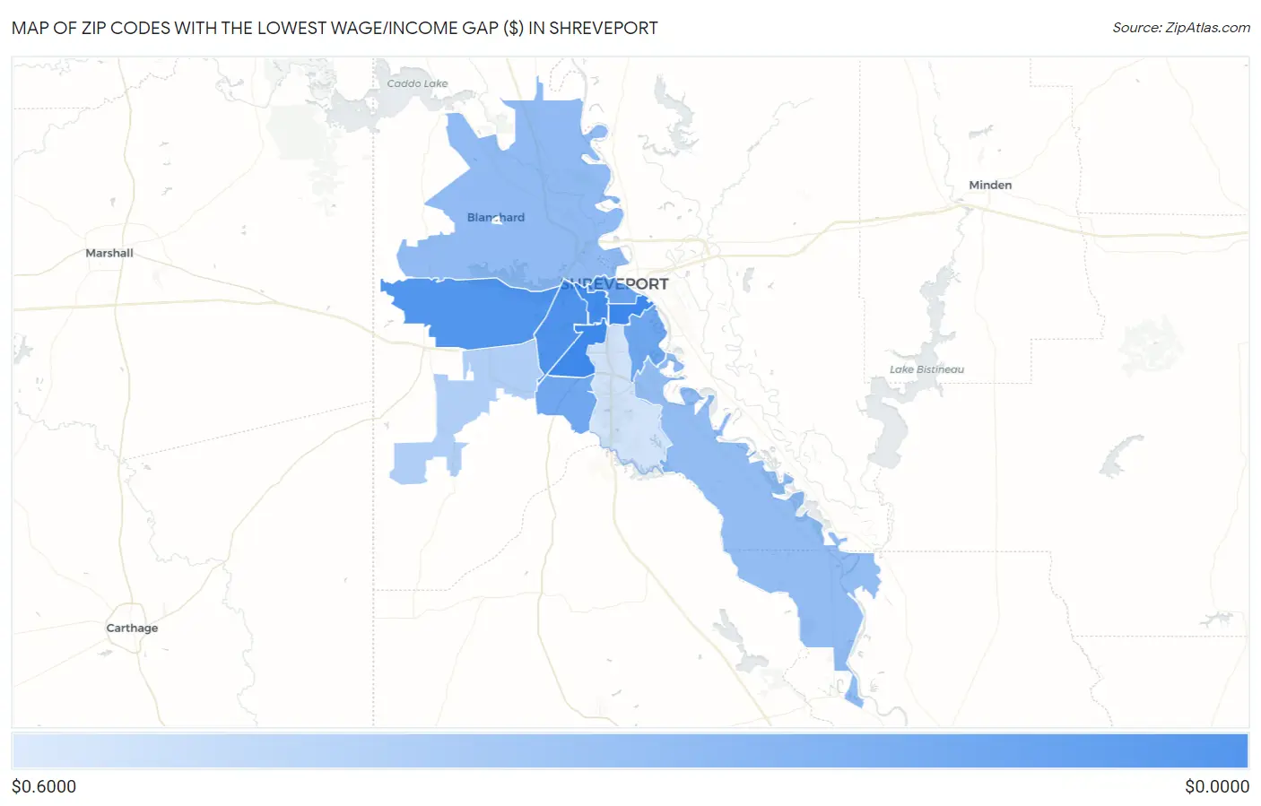 Zip Codes with the Lowest Wage/Income Gap ($) in Shreveport Map