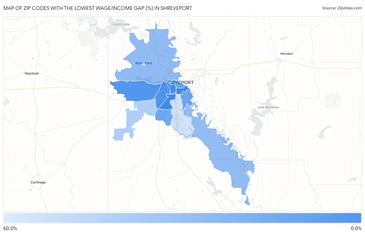 Zip Codes with the Lowest Wage/Income Gap (%) in Shreveport Map