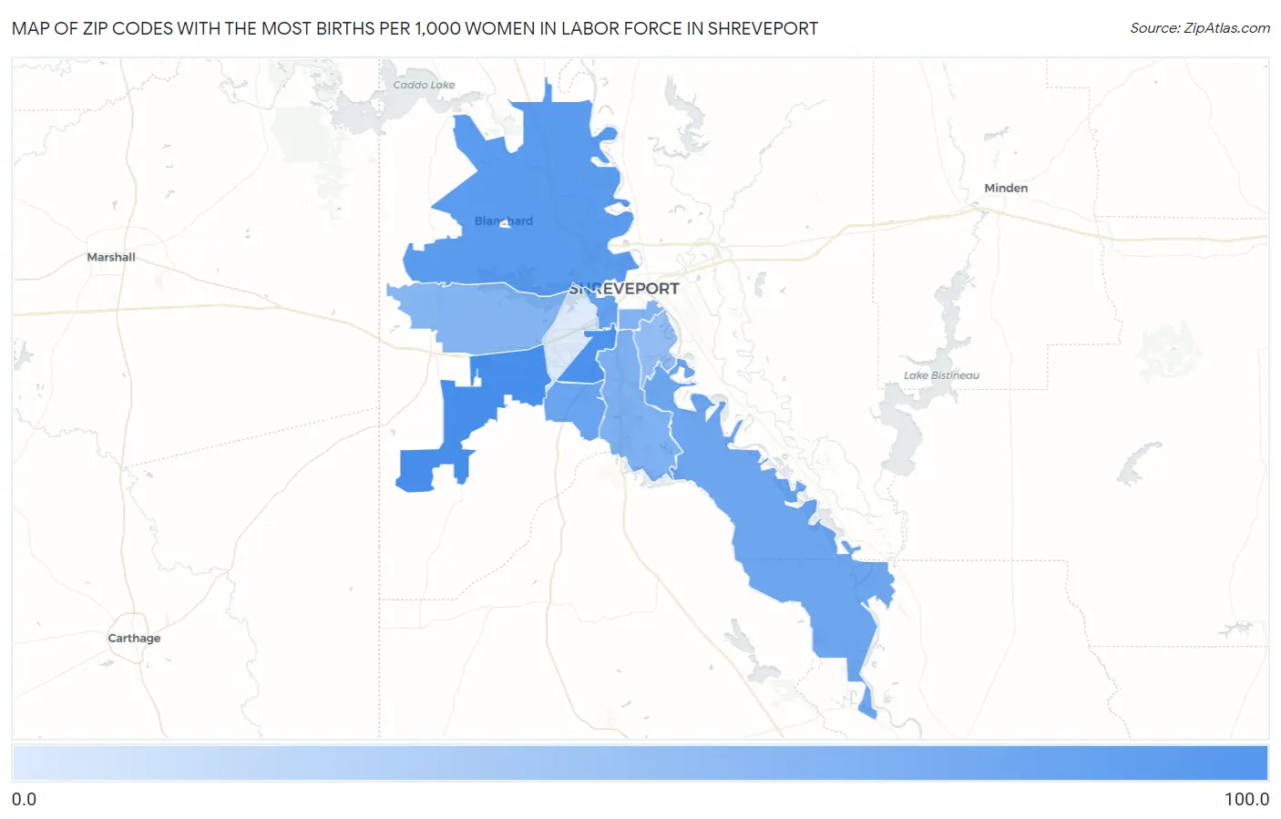 Zip Codes with the Most Births per 1,000 Women in Labor Force in Shreveport Map