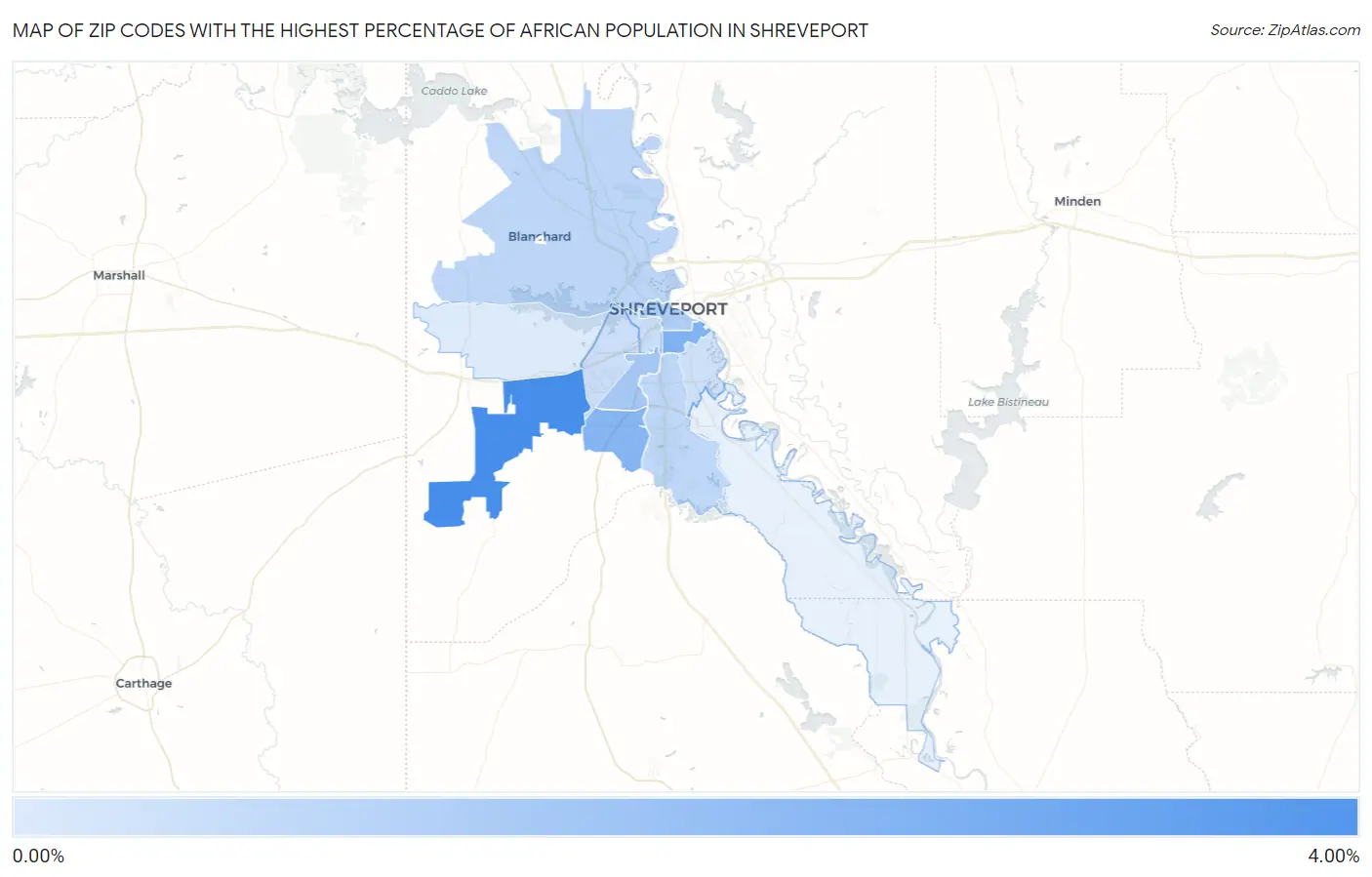 Zip Codes with the Highest Percentage of African Population in Shreveport Map