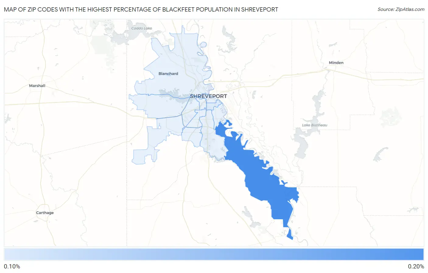 Zip Codes with the Highest Percentage of Blackfeet Population in Shreveport Map