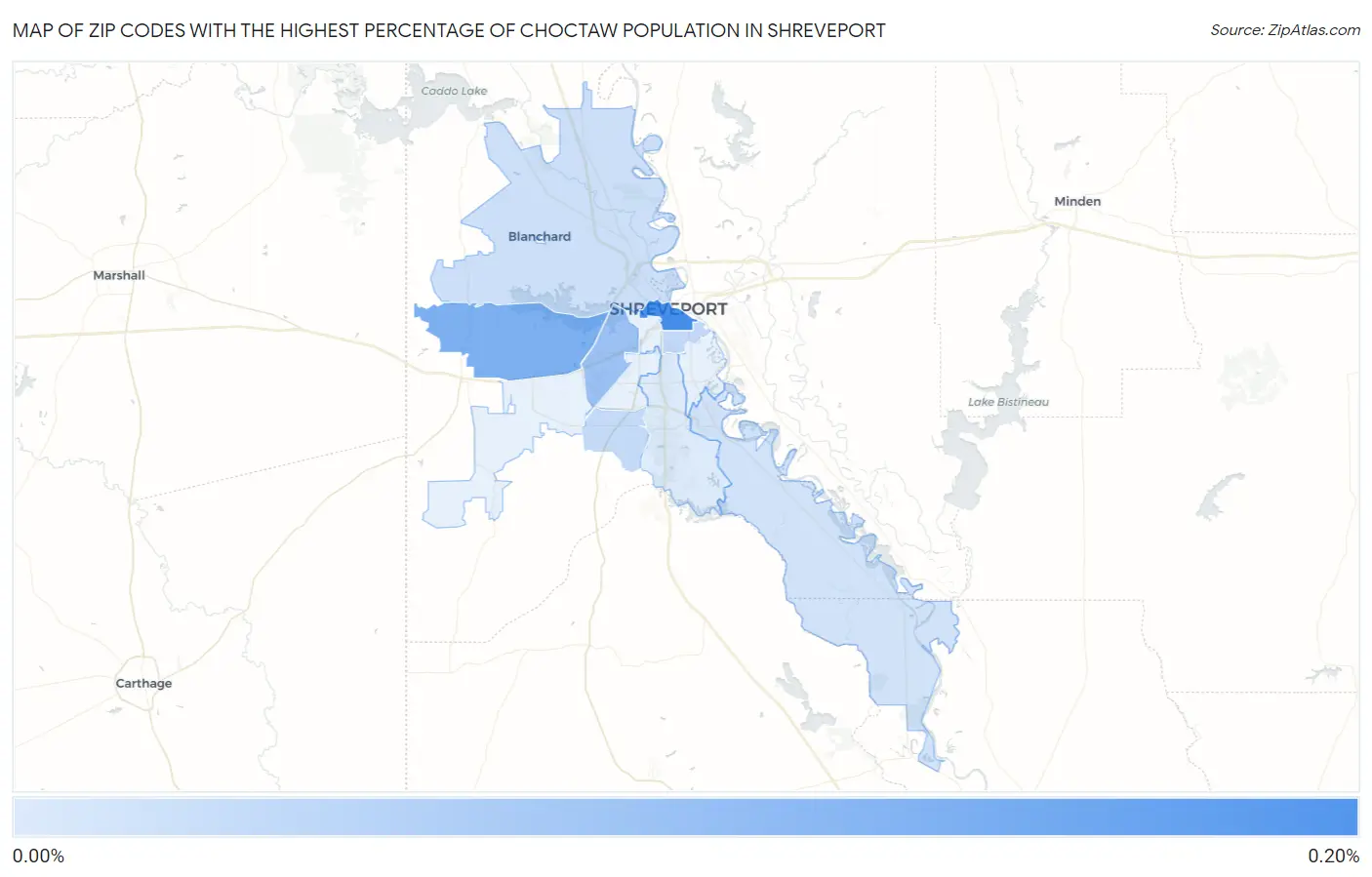 Zip Codes with the Highest Percentage of Choctaw Population in Shreveport Map