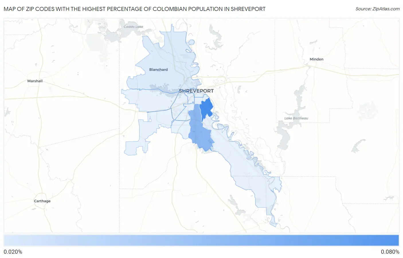 Zip Codes with the Highest Percentage of Colombian Population in Shreveport Map