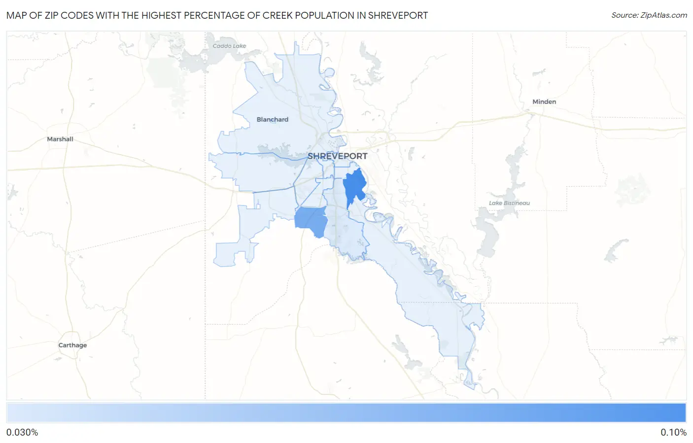 Zip Codes with the Highest Percentage of Creek Population in Shreveport Map