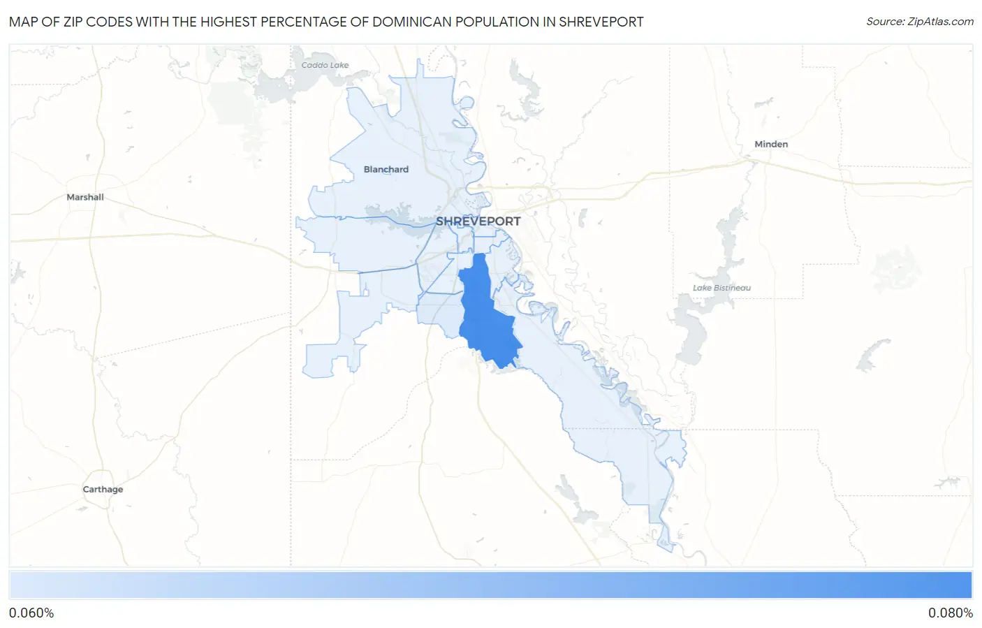 Zip Codes with the Highest Percentage of Dominican Population in Shreveport Map